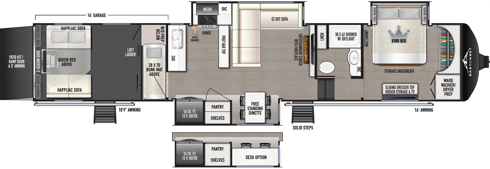 The Takoda 399TH floorplan is a toy hauler that has two entries and three slide outs. Exterior features include: fiberglass exterior and 10'9" & 16' awning. Interiors features include: loft, free-standing dinette option and front bedroom.
